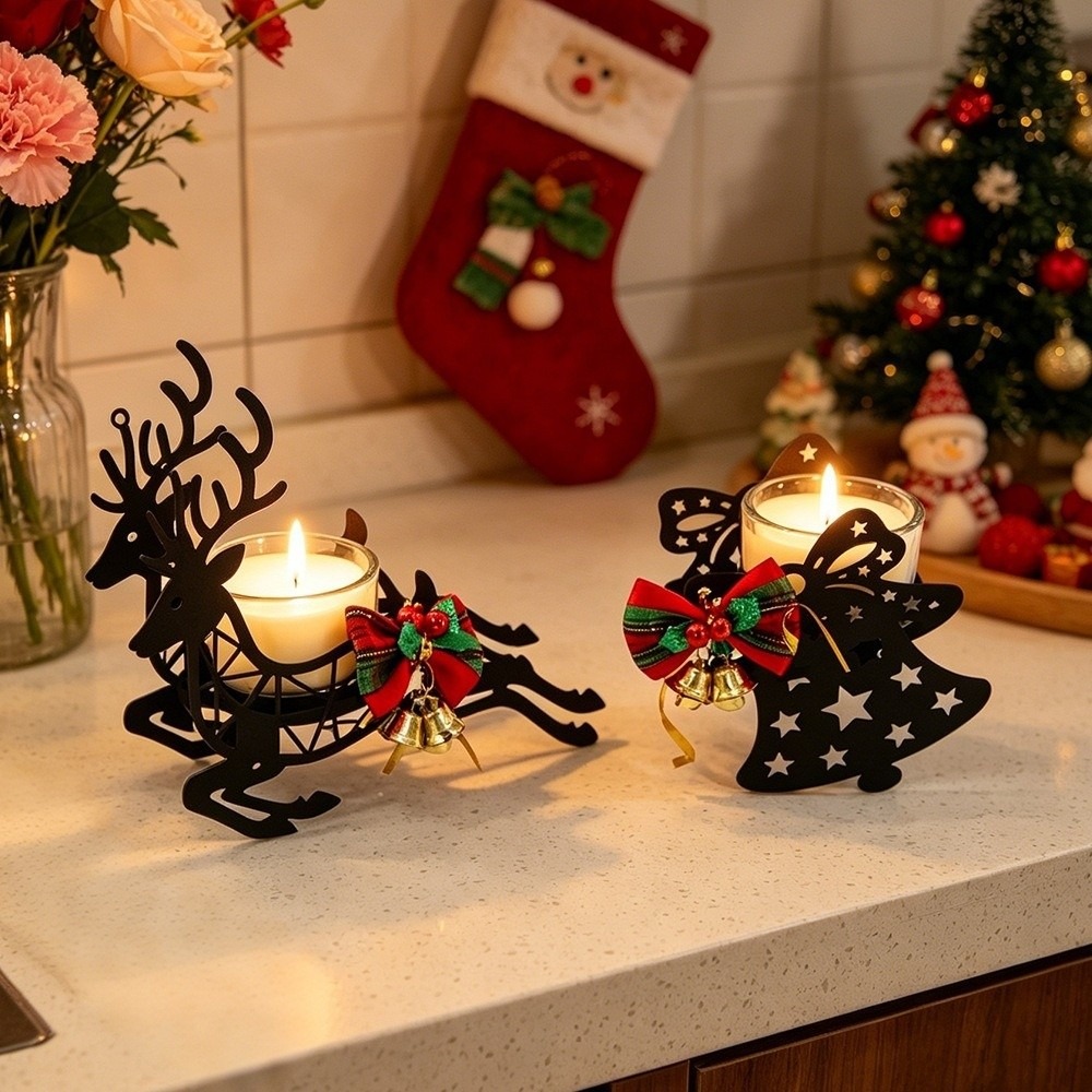 Elk Bugle Call - Hirsch-Elch-Weihnachtskerzenhalter Schneeflocken-Schleife Weihnachts-Schreibtischdekoration Ausgehöhlte Glocke Weihnachtsornamente
